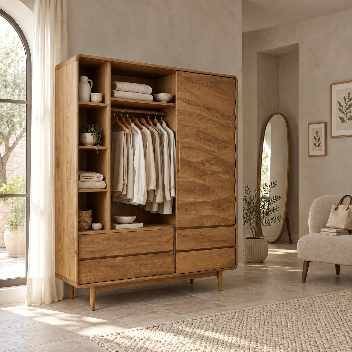 Handcrafted Solid Wood Wardrobe With Carved Wave Door For Bedroom