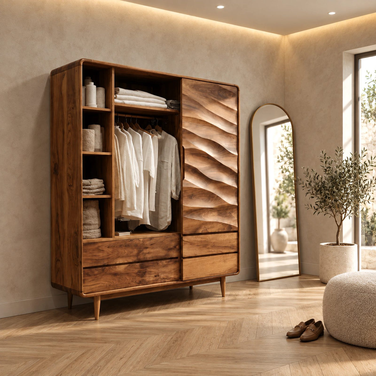 Handcrafted Solid Wood Wardrobe With Carved Wave Door For Bedroom