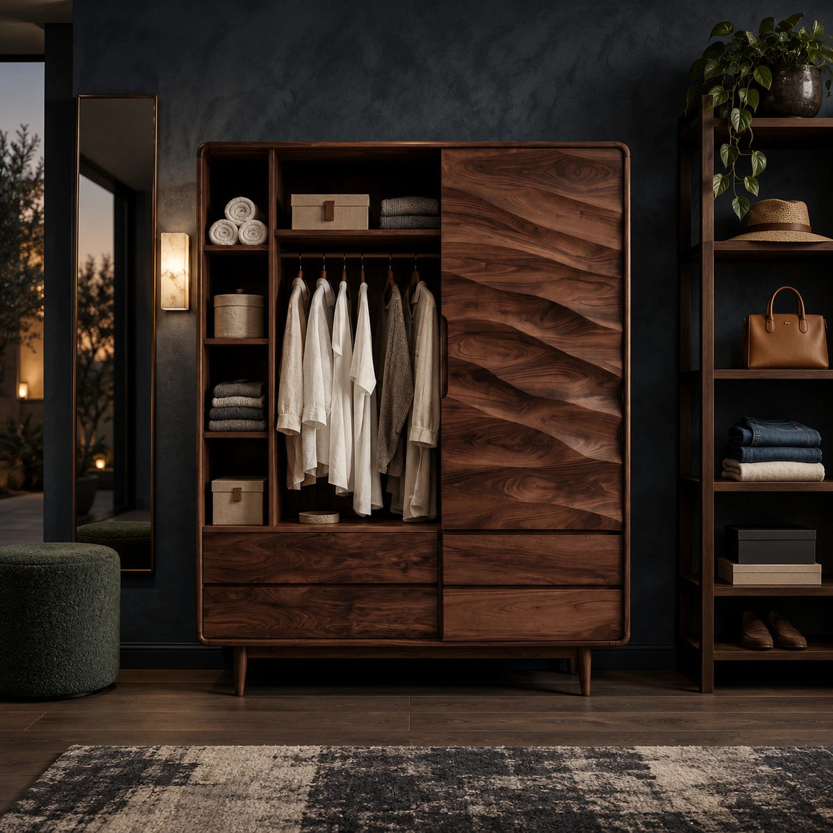Handcrafted Solid Wood Wardrobe With Carved Wave Door For Bedroom