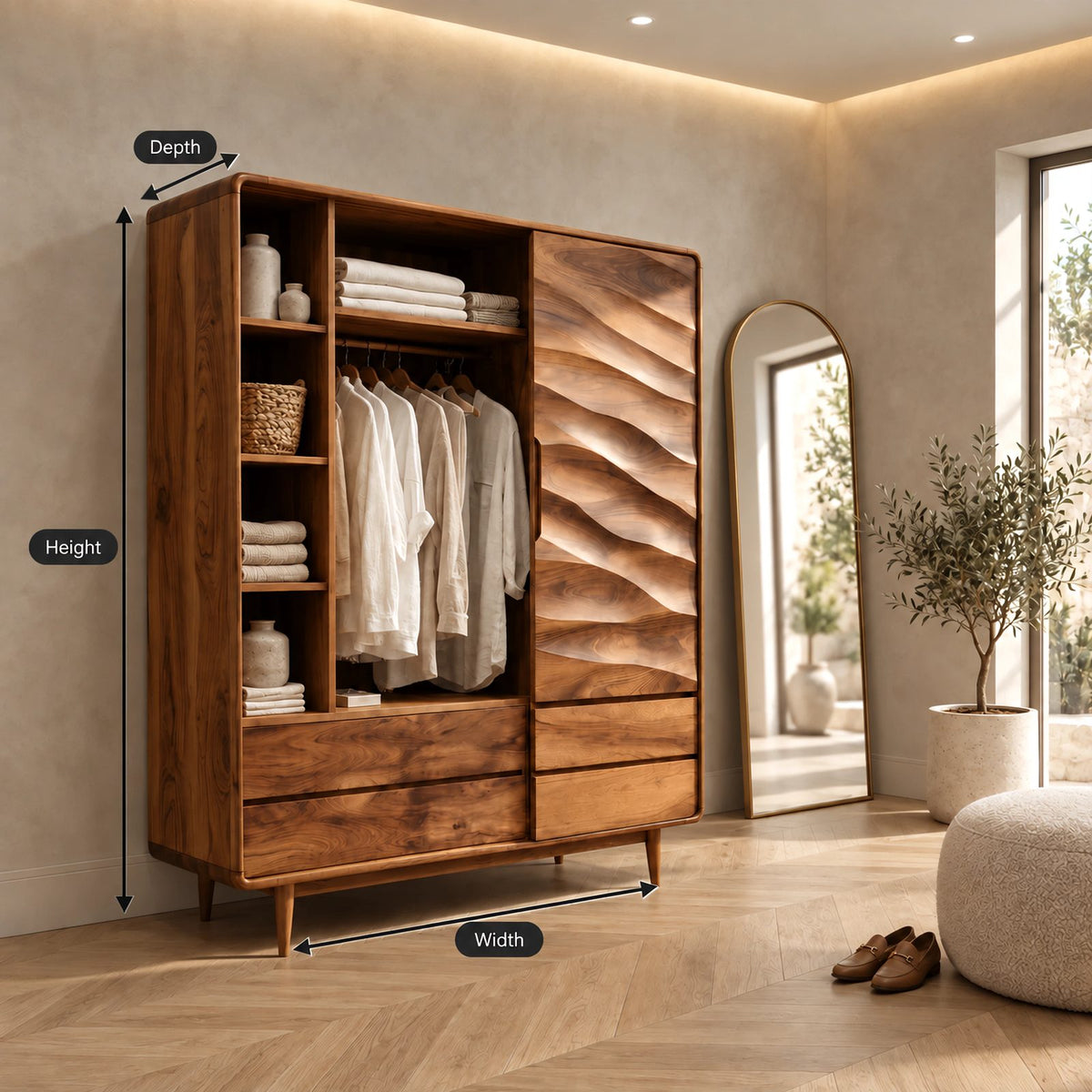Handcrafted Solid Wood Wardrobe With Carved Wave Door For Bedroom