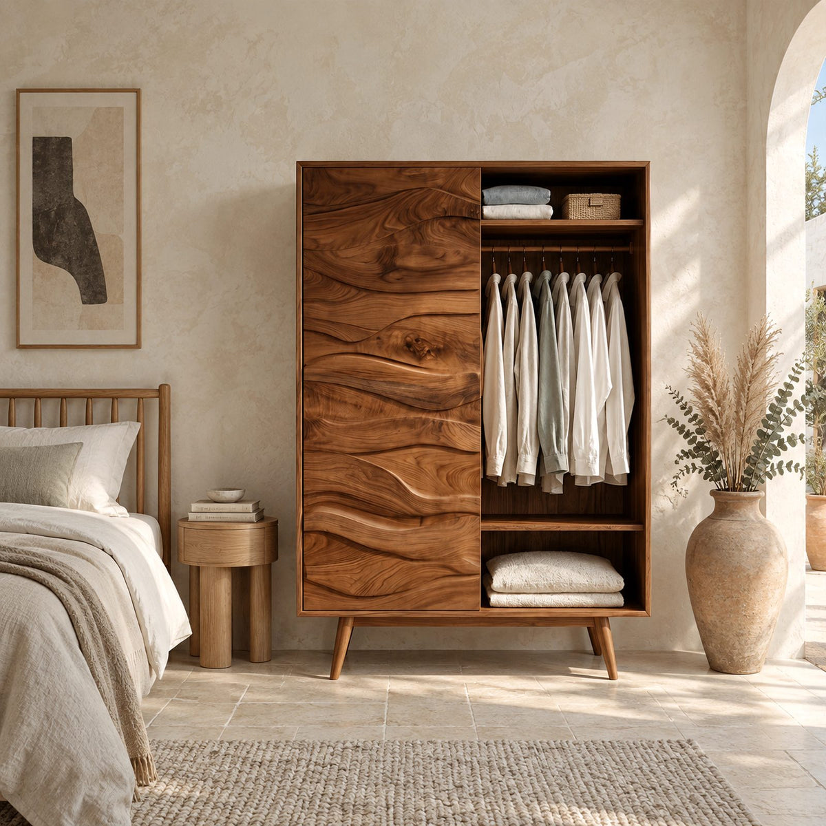 Sculptural Wooden Armoire With Carved Wave Panel Door For Bedroom