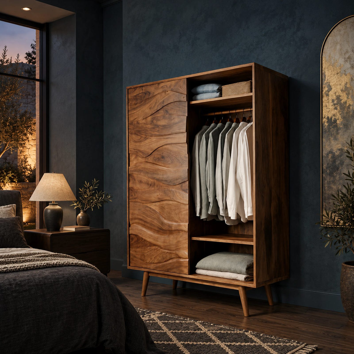 Sculptural Wooden Armoire With Carved Wave Panel Door For Bedroom