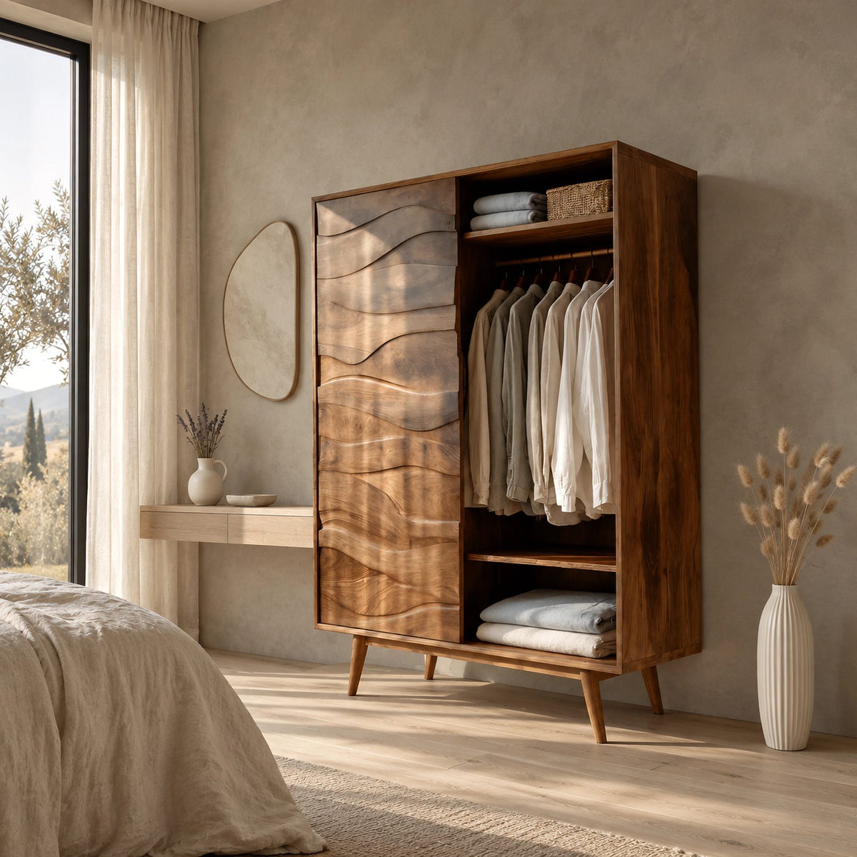 Sculptural Wooden Armoire With Carved Wave Panel Door For Bedroom