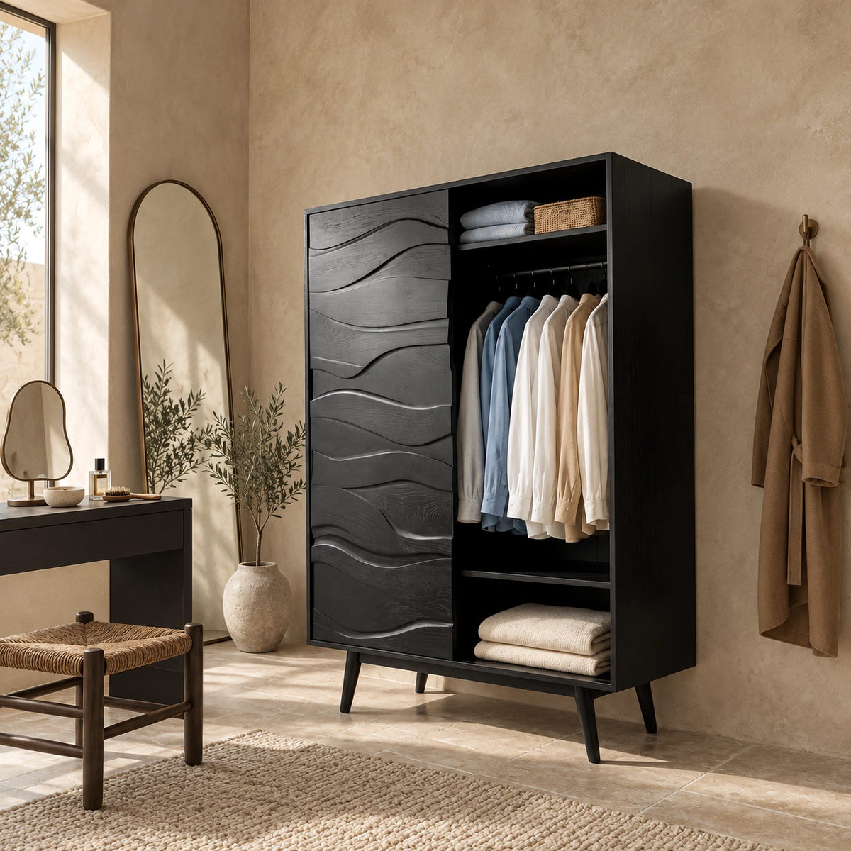 Sculptural Wooden Armoire With Carved Wave Panel Door For Bedroom