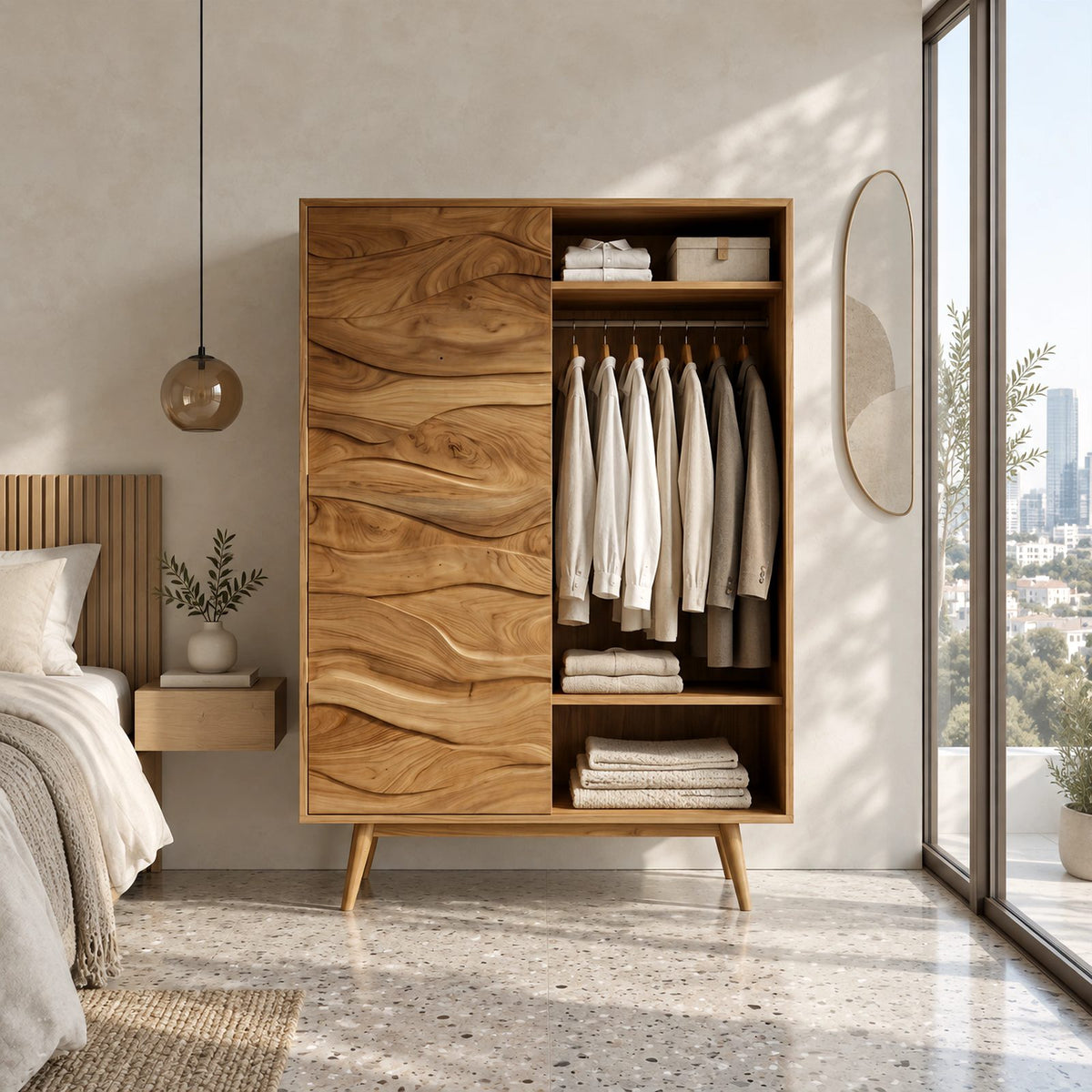 Sculptural Wooden Armoire With Carved Wave Panel Door For Bedroom