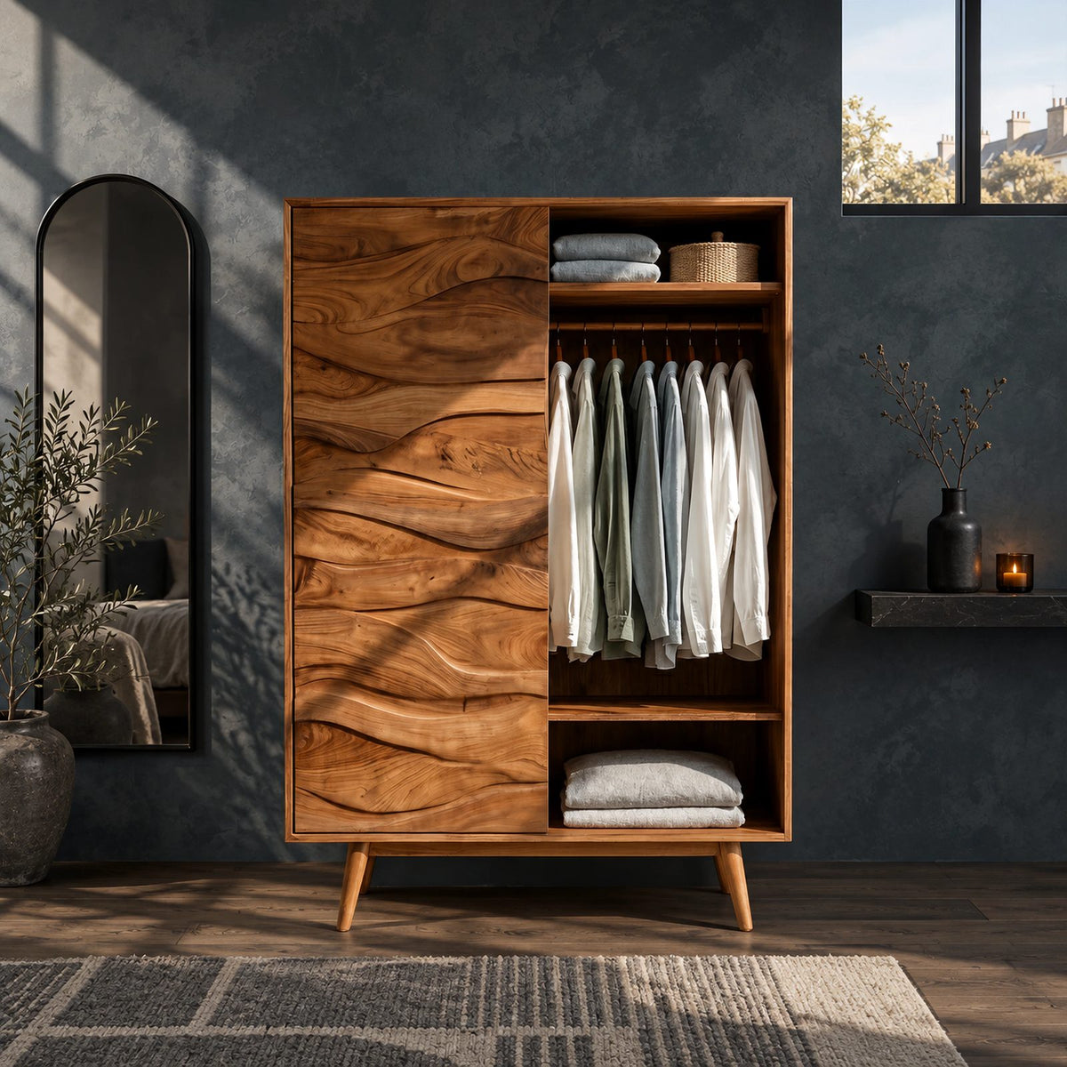Sculptural Wooden Armoire With Carved Wave Panel Door For Bedroom