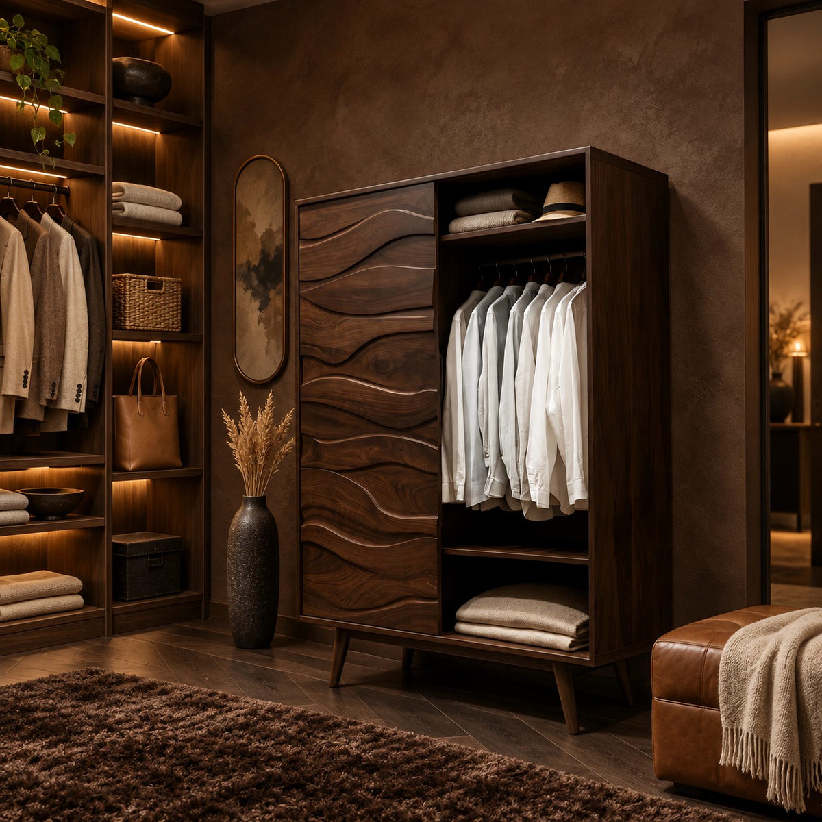 Sculptural Wooden Armoire With Carved Wave Panel Door For Bedroom