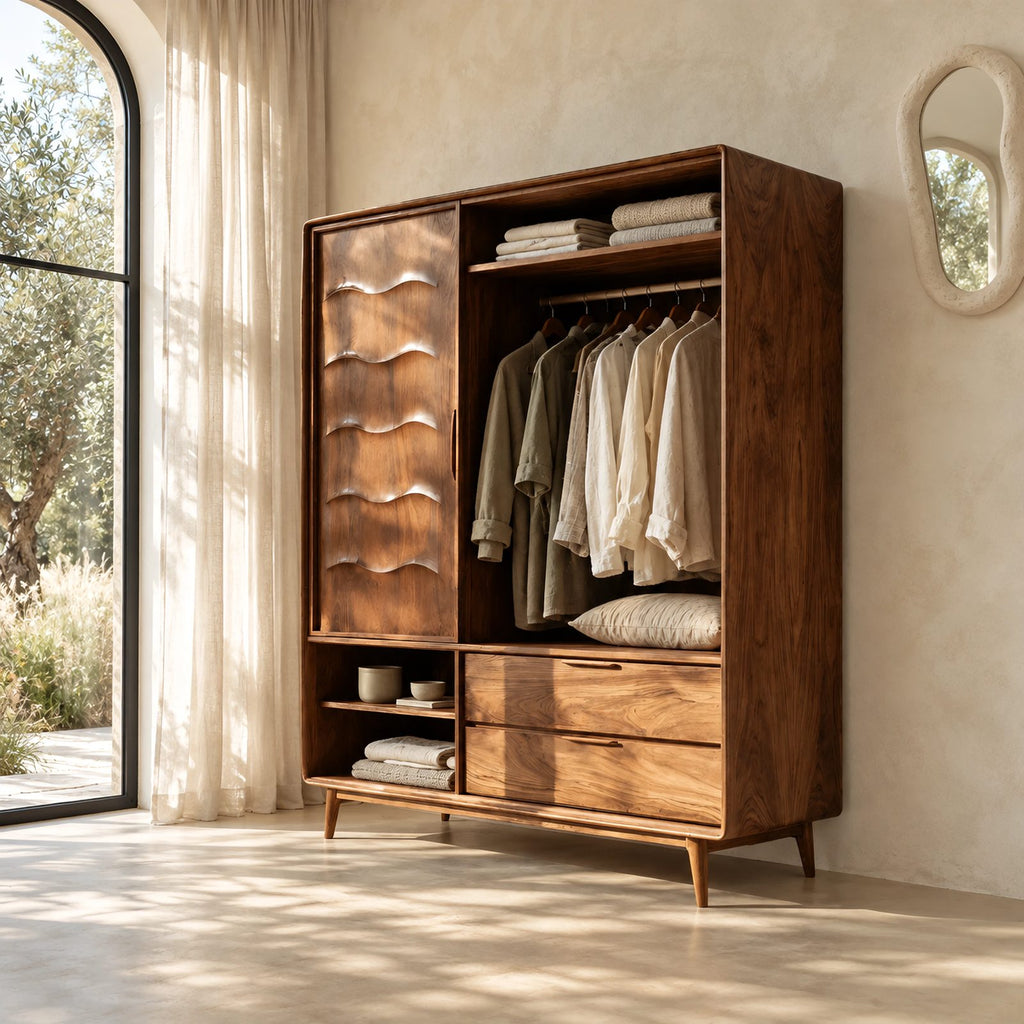 Scandinavian Solid Wood Wardrobe With Scalloped Door For Bedroom