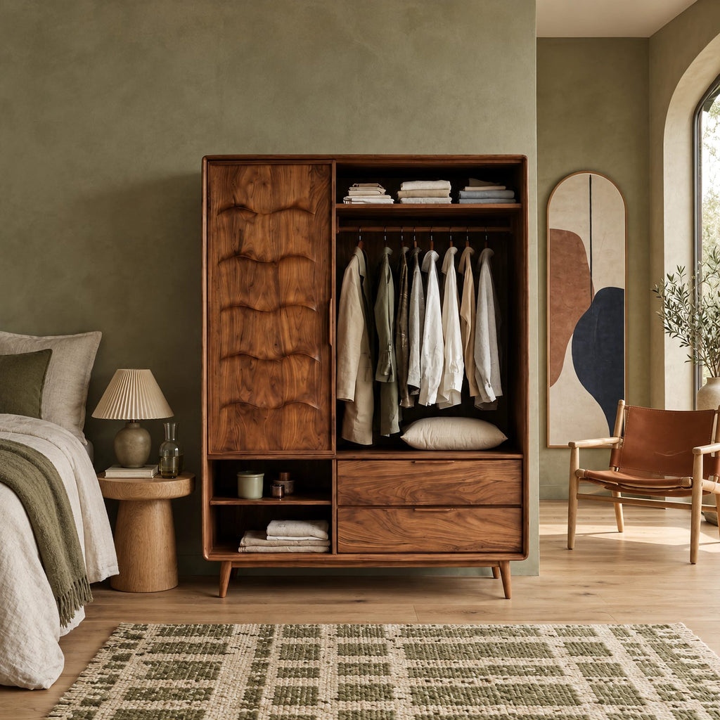 Scandinavian Solid Wood Wardrobe With Scalloped Door For Bedroom