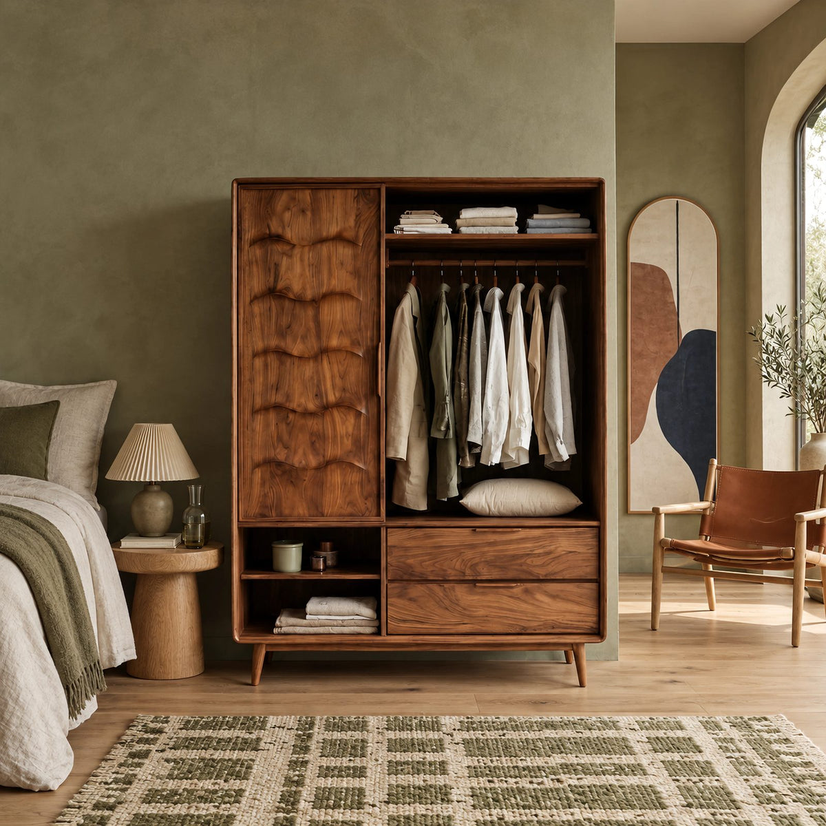 Scandinavian Solid Wood Wardrobe With Scalloped Door For Bedroom