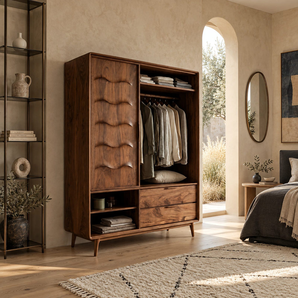 Scandinavian Solid Wood Wardrobe With Scalloped Door For Bedroom