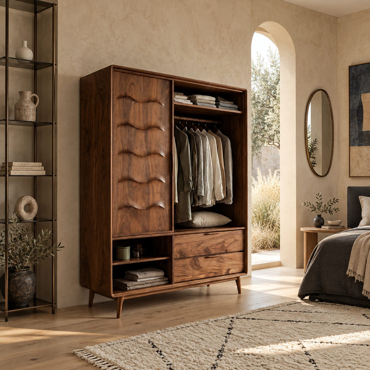 Scandinavian Solid Wood Wardrobe With Scalloped Door For Bedroom