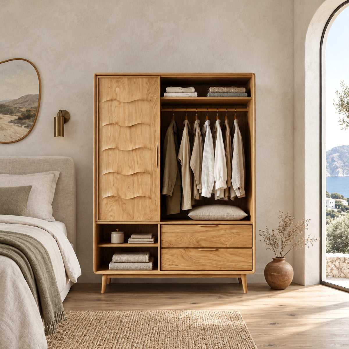 Scandinavian Solid Wood Wardrobe With Scalloped Door For Bedroom