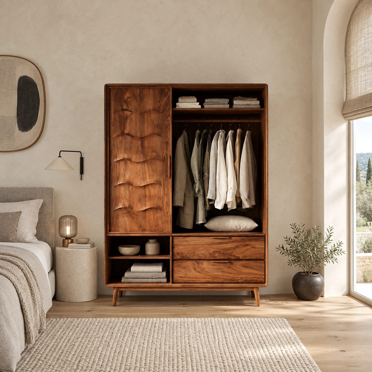 Scandinavian Solid Wood Wardrobe With Scalloped Door For Bedroom