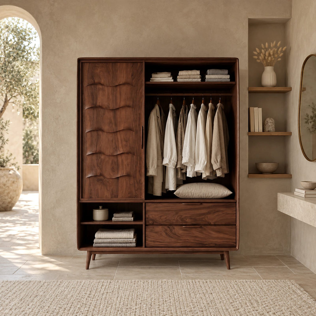 Scandinavian Solid Wood Wardrobe With Scalloped Door For Bedroom