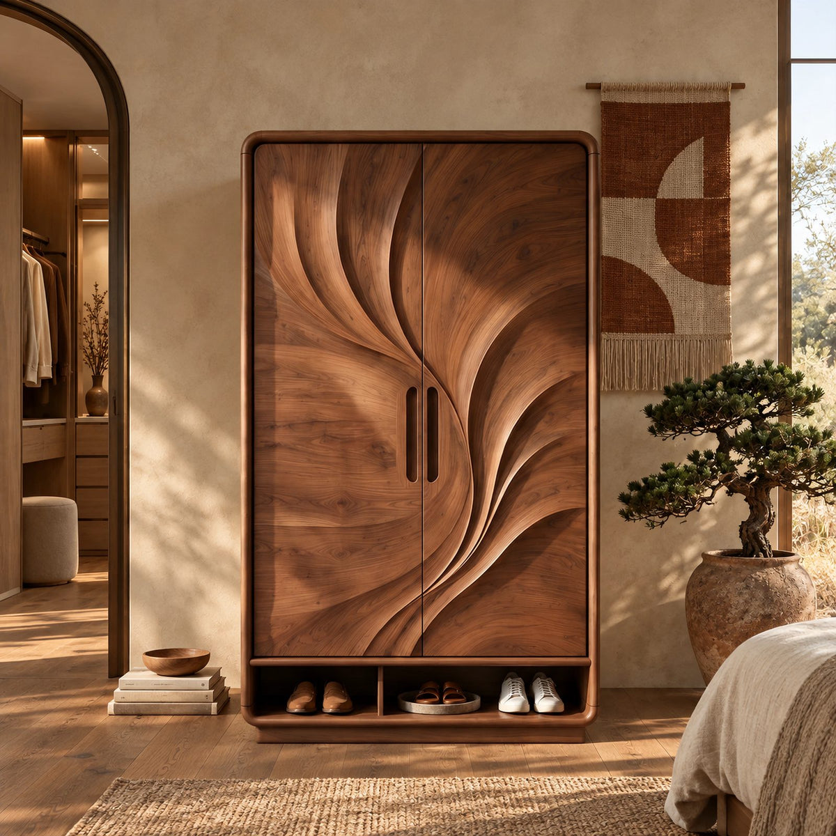 Organic Carved Wood Armoire With Two Sculpted Doors For Bedroom
