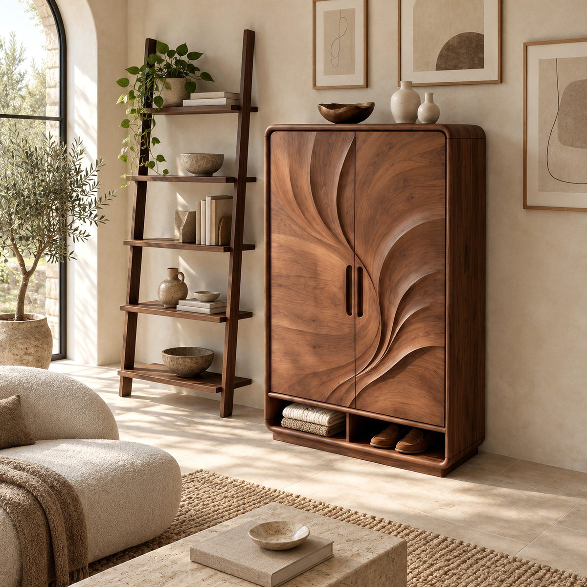 Organic Carved Wood Armoire With Two Sculpted Doors For Bedroom