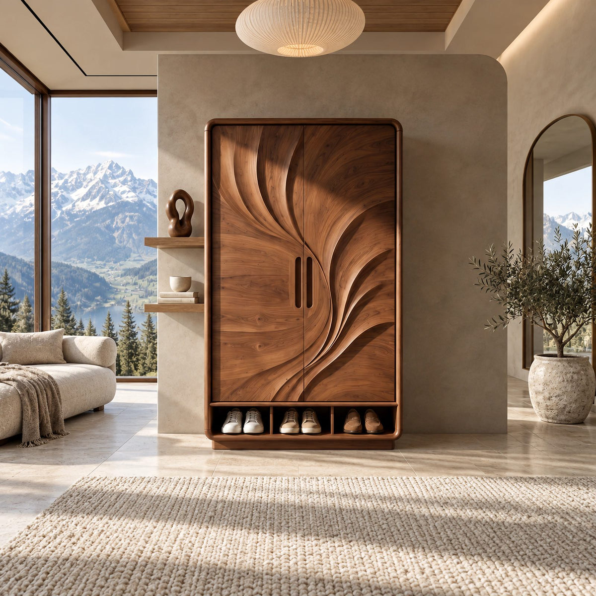 Organic Carved Wood Armoire With Two Sculpted Doors For Bedroom