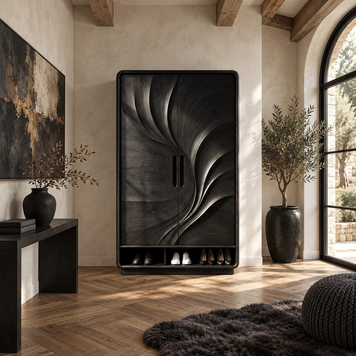 Organic Carved Wood Armoire With Two Sculpted Doors For Bedroom
