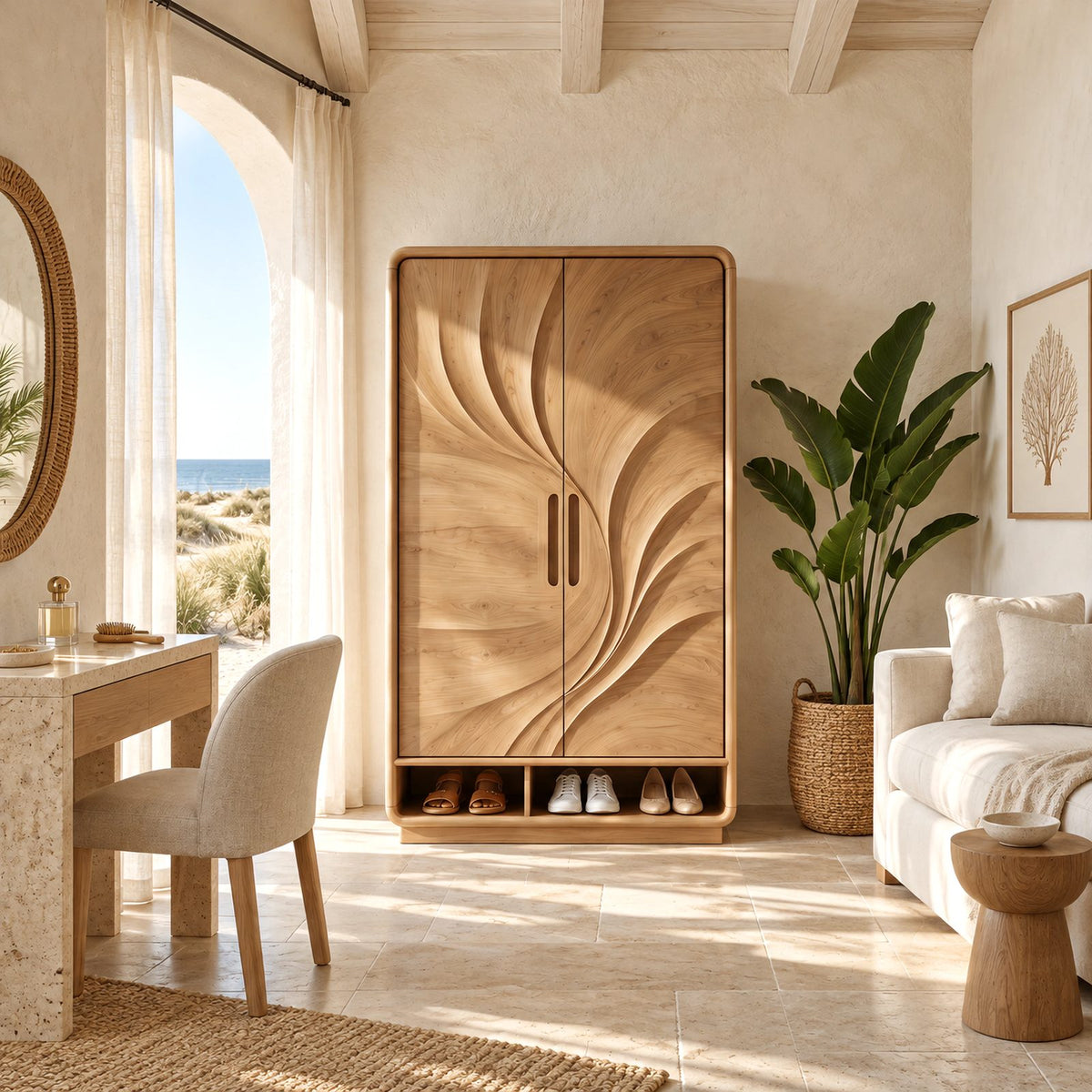 Organic Carved Wood Armoire With Two Sculpted Doors For Bedroom