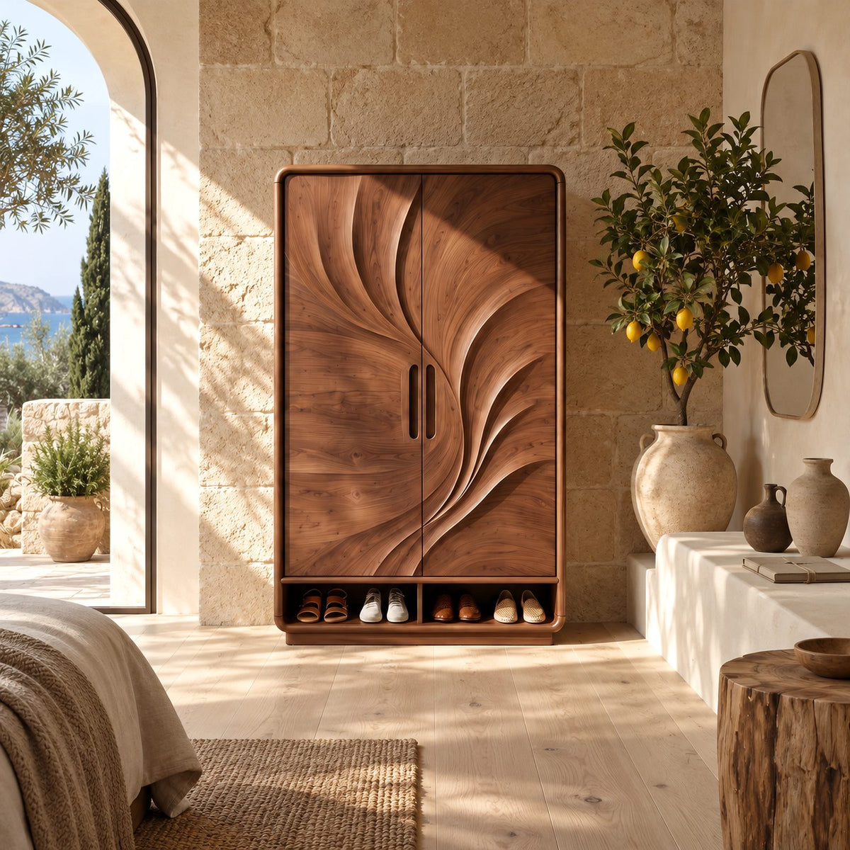 Organic Carved Wood Armoire With Two Sculpted Doors For Bedroom