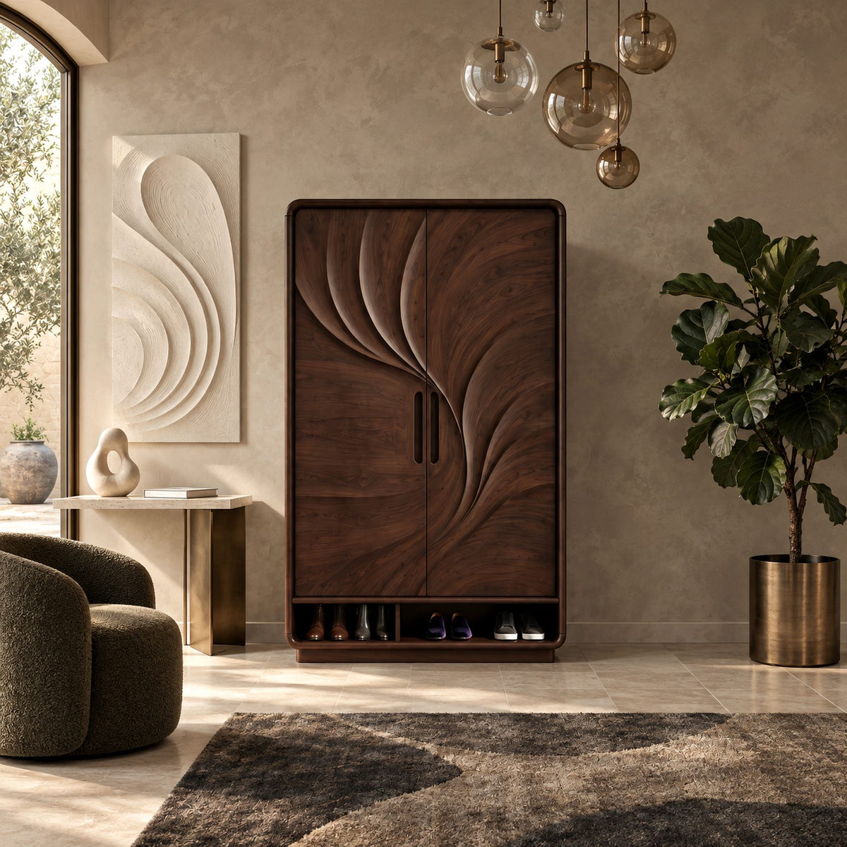 Organic Carved Wood Armoire With Two Sculpted Doors For Bedroom