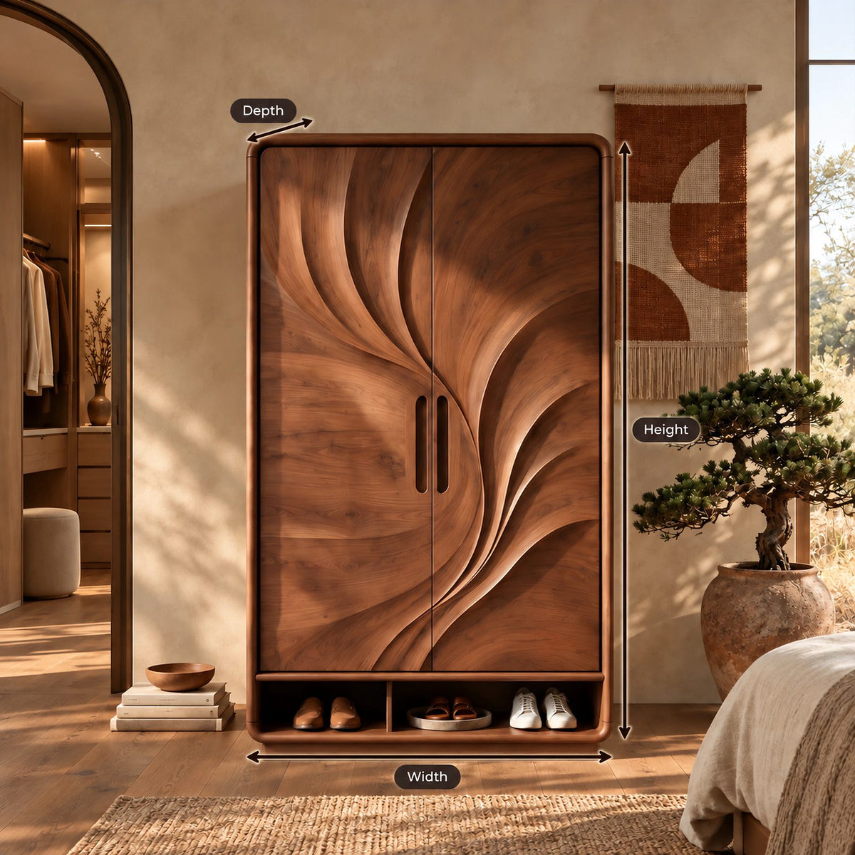 Organic Carved Wood Armoire With Two Sculpted Doors For Bedroom