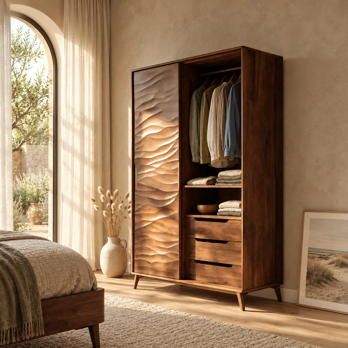 Minimalist Wooden Wardrobe With Rippled Wave Door For Bedroom