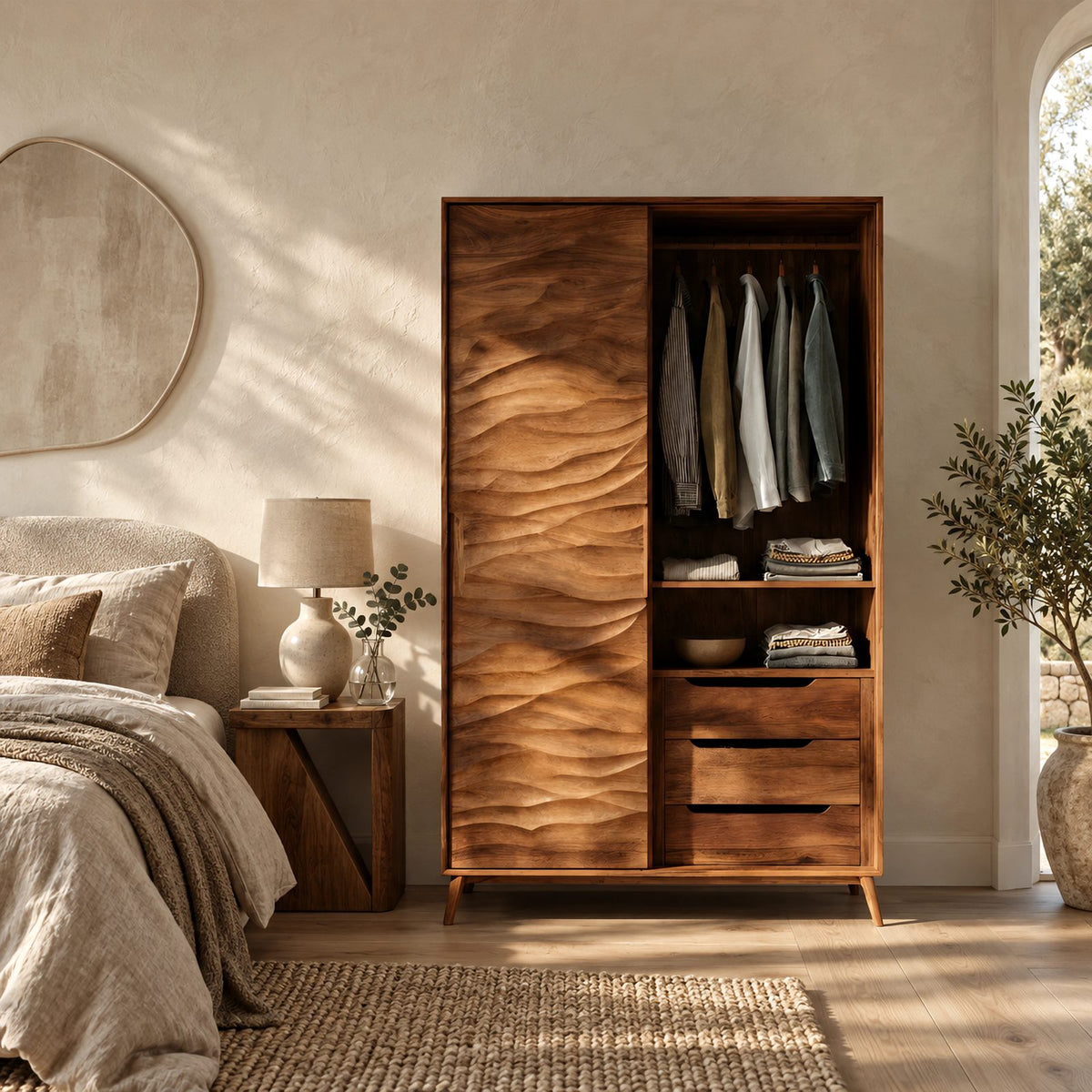 Minimalist Wooden Wardrobe With Rippled Wave Door For Bedroom