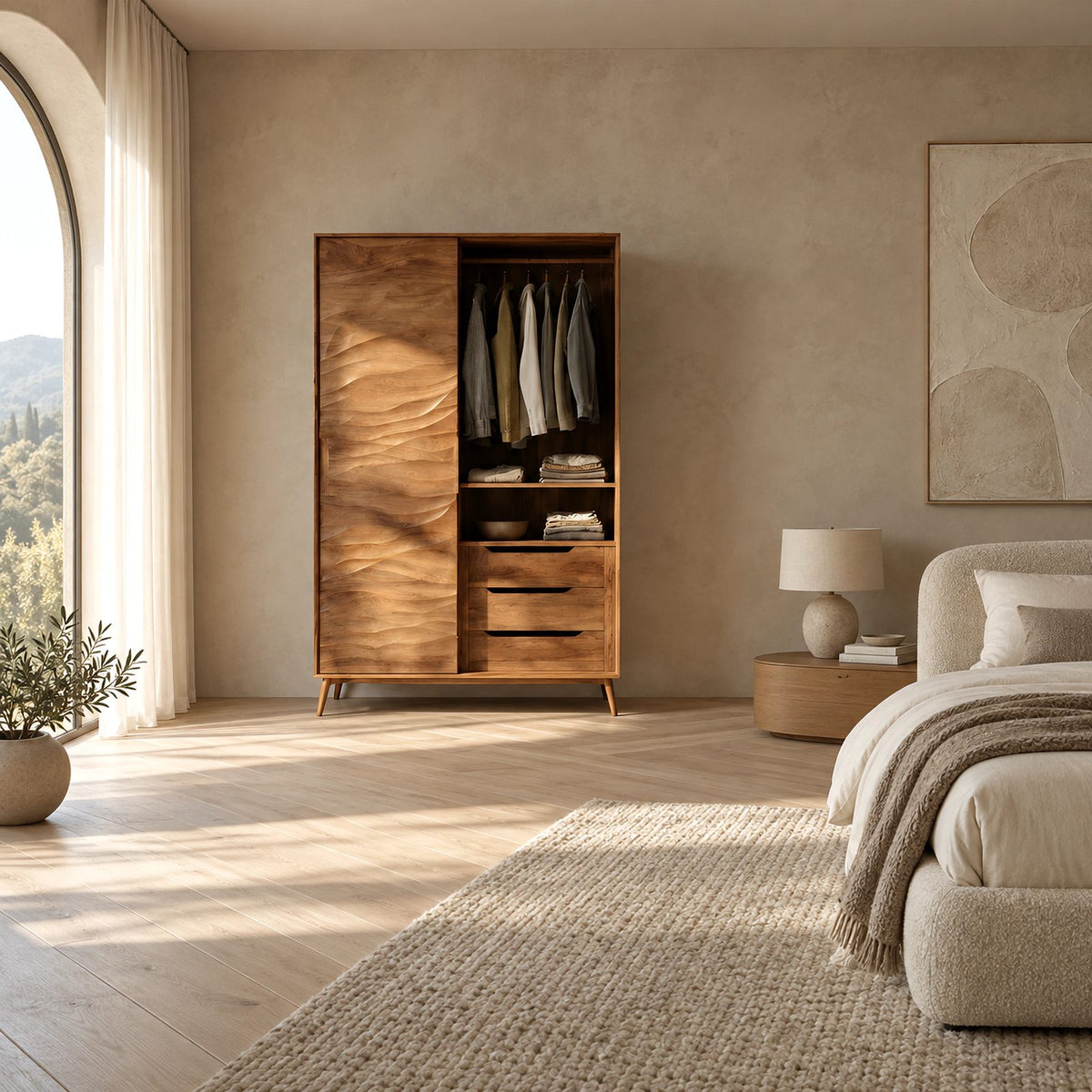Minimalist Wooden Wardrobe With Rippled Wave Door For Bedroom