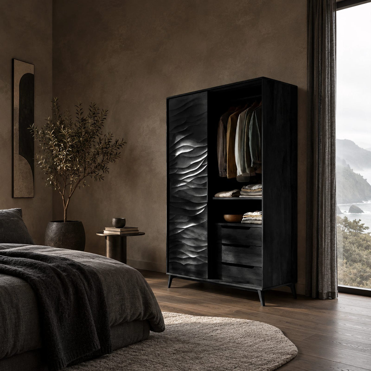 Minimalist Wooden Wardrobe With Rippled Wave Door For Bedroom