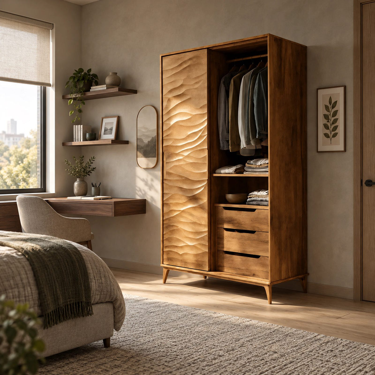 Minimalist Wooden Wardrobe With Rippled Wave Door For Bedroom