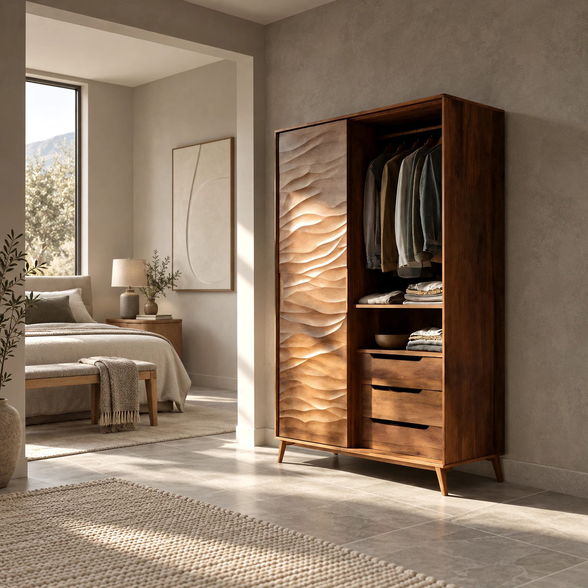 Minimalist Wooden Wardrobe With Rippled Wave Door For Bedroom