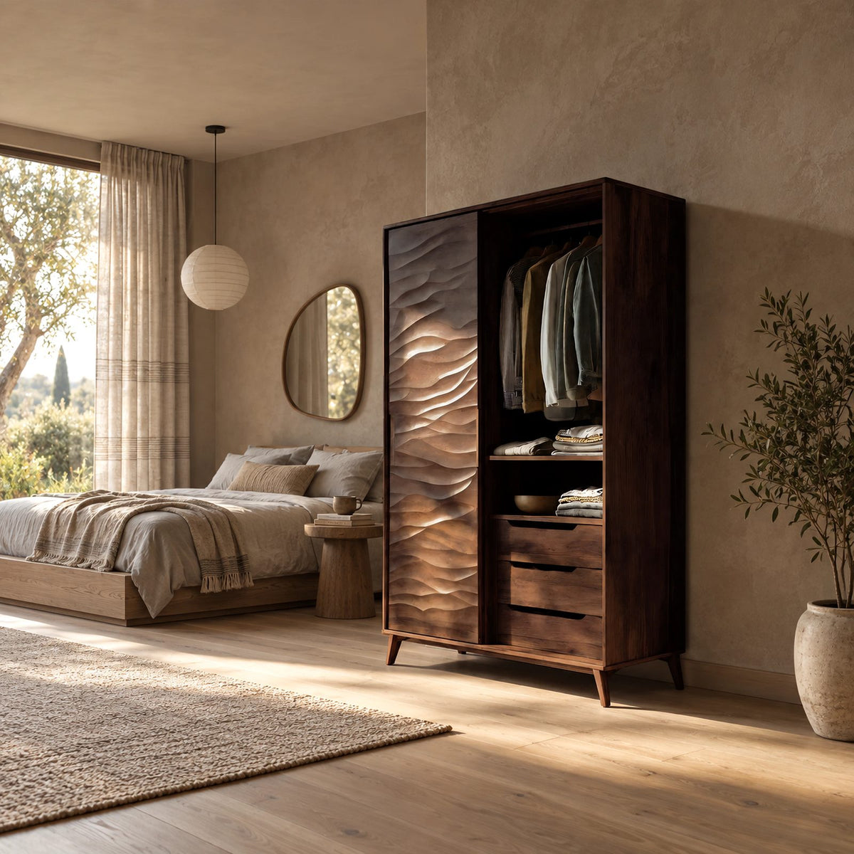 Minimalist Wooden Wardrobe With Rippled Wave Door For Bedroom