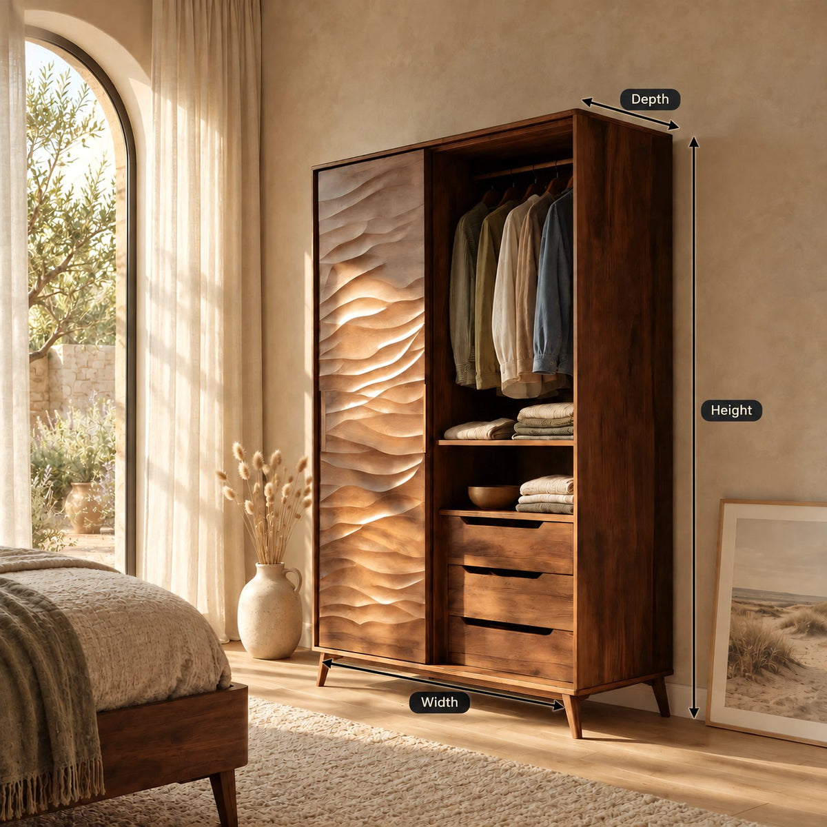 Minimalist Wooden Wardrobe With Rippled Wave Door For Bedroom