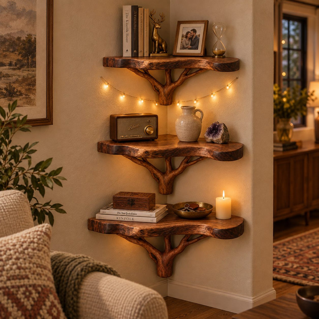 Branching Tree Corner Shelf Set, Solid Wood Live-Edge Wall Mounted Corner Bookshelf for Living Room & Bath