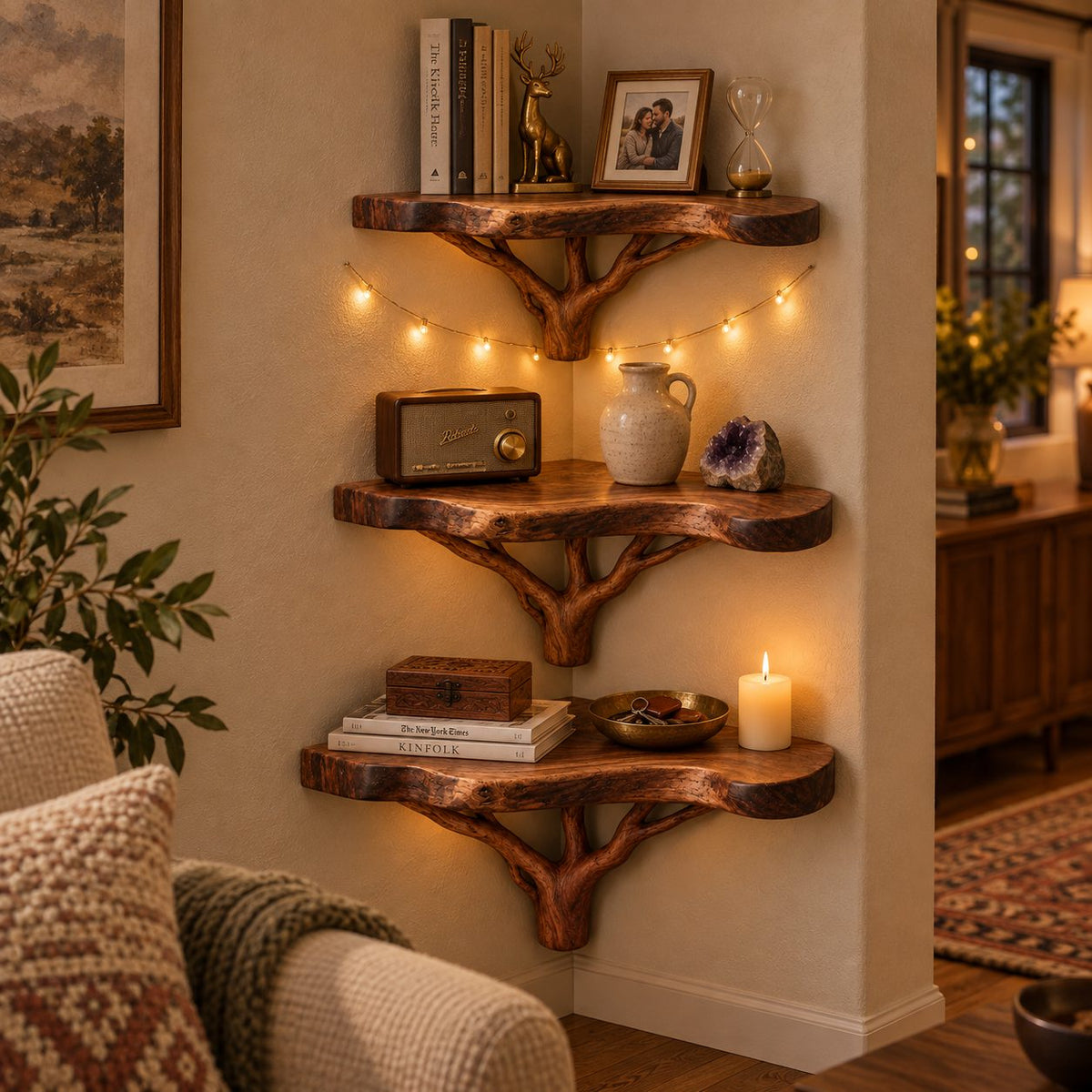 Branching Tree Corner Shelf Set, Solid Wood Live-Edge Wall Mounted Corner Bookshelf for Living Room & Bath