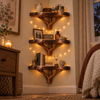 Branching Tree Corner Shelf Set, Solid Wood Live-Edge Wall Mounted Corner Bookshelf for Living Room & Bath