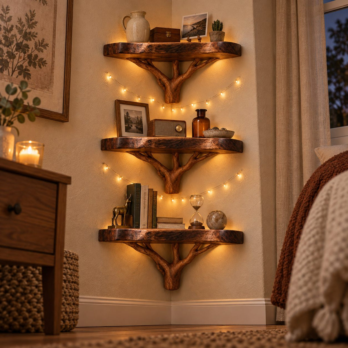 Branching Tree Corner Shelf Set, Solid Wood Live-Edge Wall Mounted Corner Bookshelf for Living Room & Bath