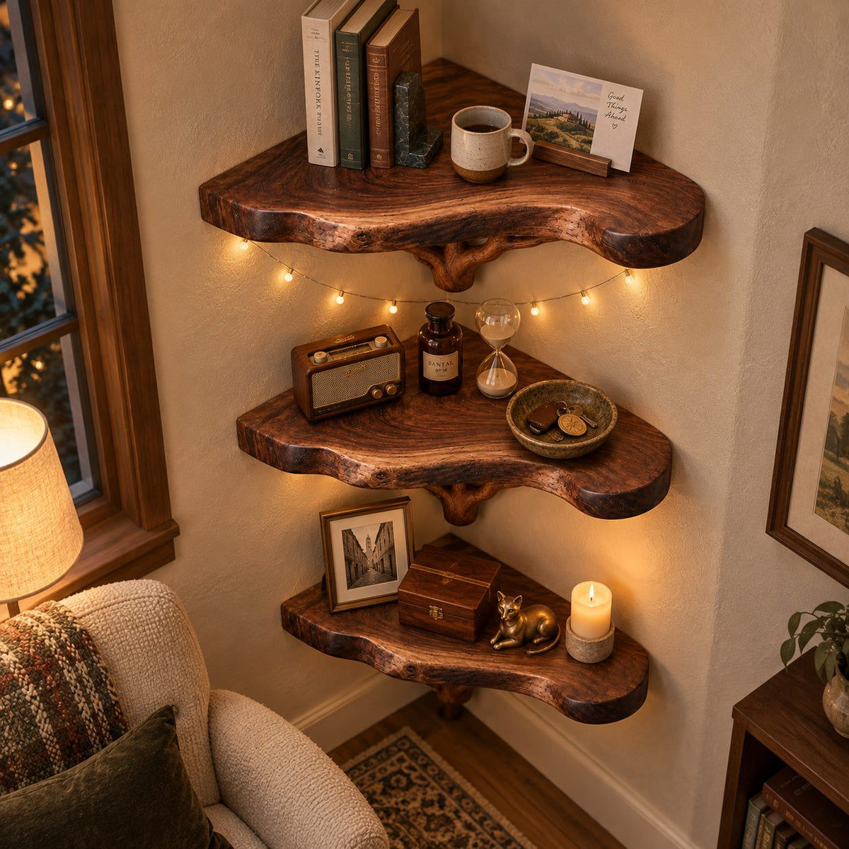 Branching Tree Corner Shelf Set, Solid Wood Live-Edge Wall Mounted Corner Bookshelf for Living Room & Bath