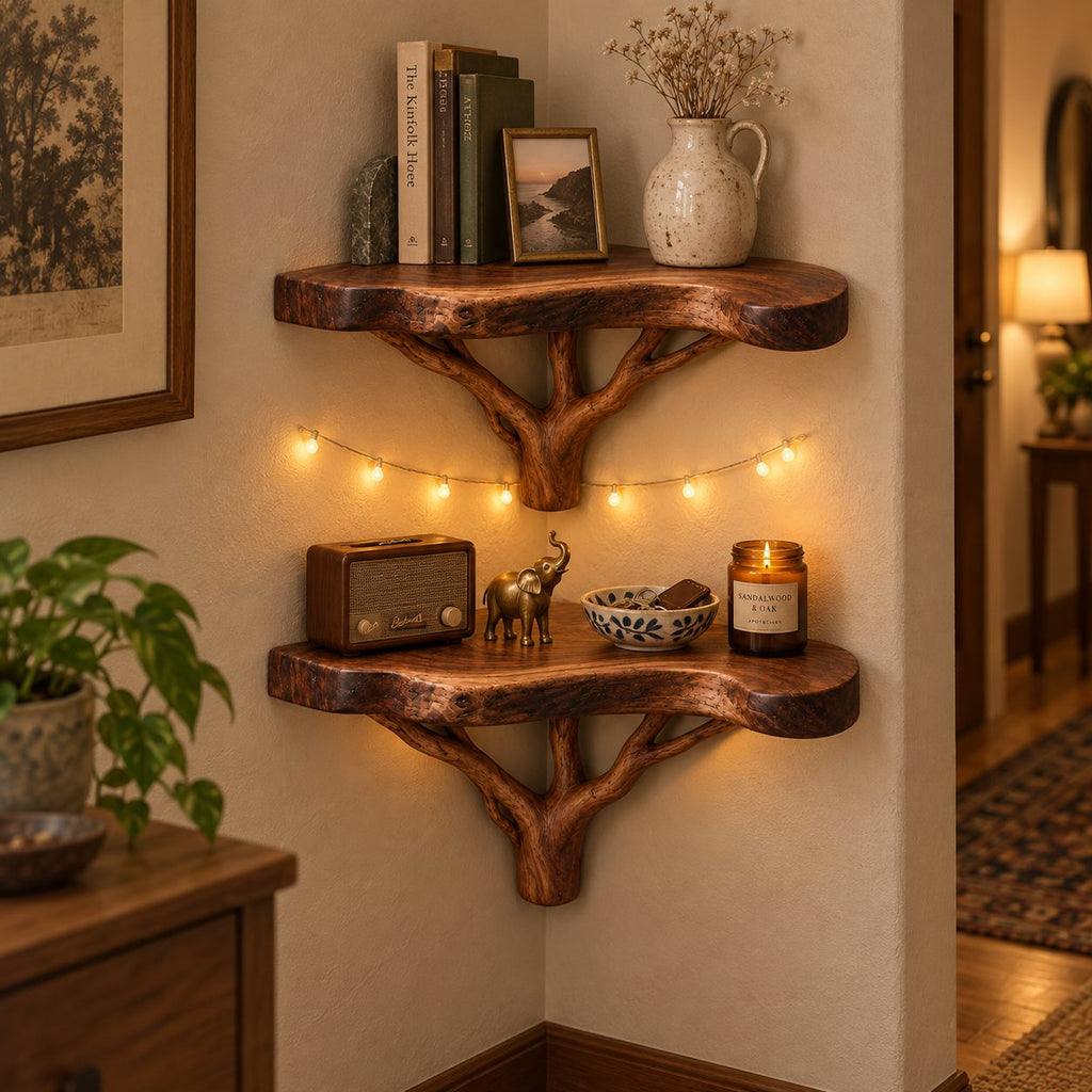 Branching Tree Corner Shelf Set, Solid Wood Live-Edge Wall Mounted Corner Bookshelf for Living Room & Bath