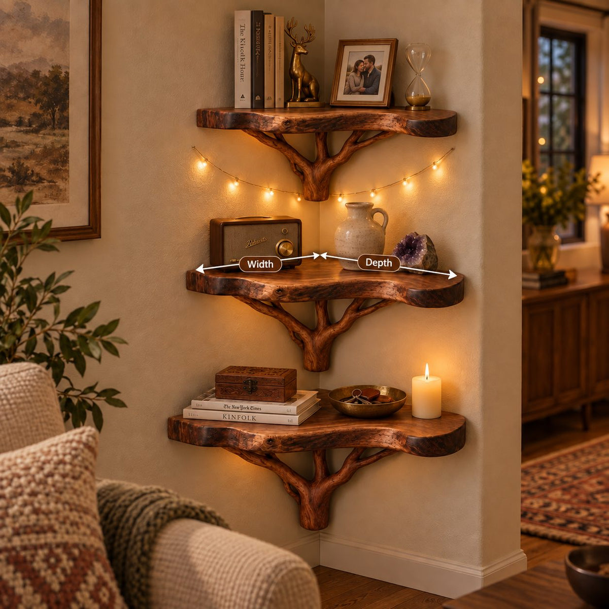 Branching Tree Corner Shelf Set, Solid Wood Live-Edge Wall Mounted Corner Bookshelf for Living Room & Bath