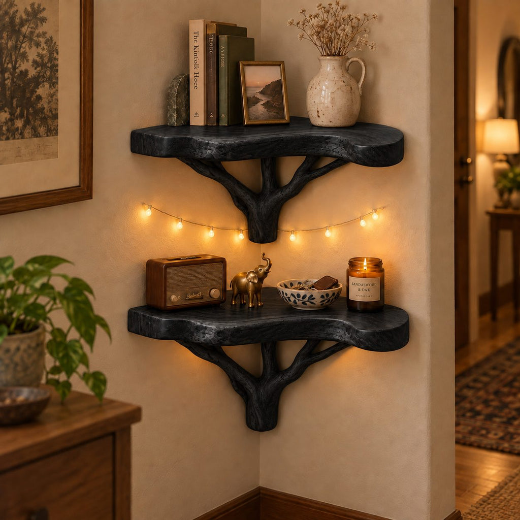 Branching Tree Corner Shelf Set, Solid Wood Live-Edge Wall Mounted Corner Bookshelf for Living Room & Bath