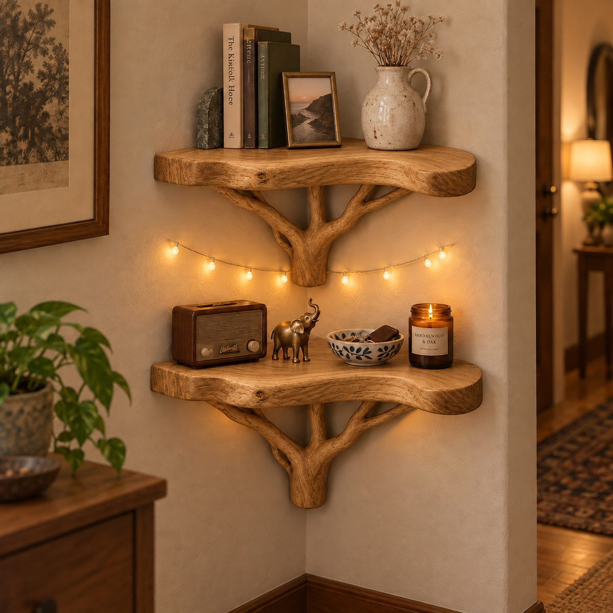 Branching Tree Corner Shelf Set, Solid Wood Live-Edge Wall Mounted Corner Bookshelf for Living Room & Bath
