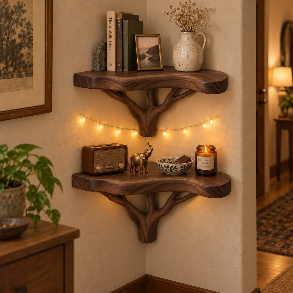 Branching Tree Corner Shelf Set, Solid Wood Live-Edge Wall Mounted Corner Bookshelf for Living Room & Bath