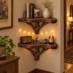 Branching Tree Corner Shelf Set, Solid Wood Live-Edge Wall Mounted Corner Bookshelf for Living Room & Bath