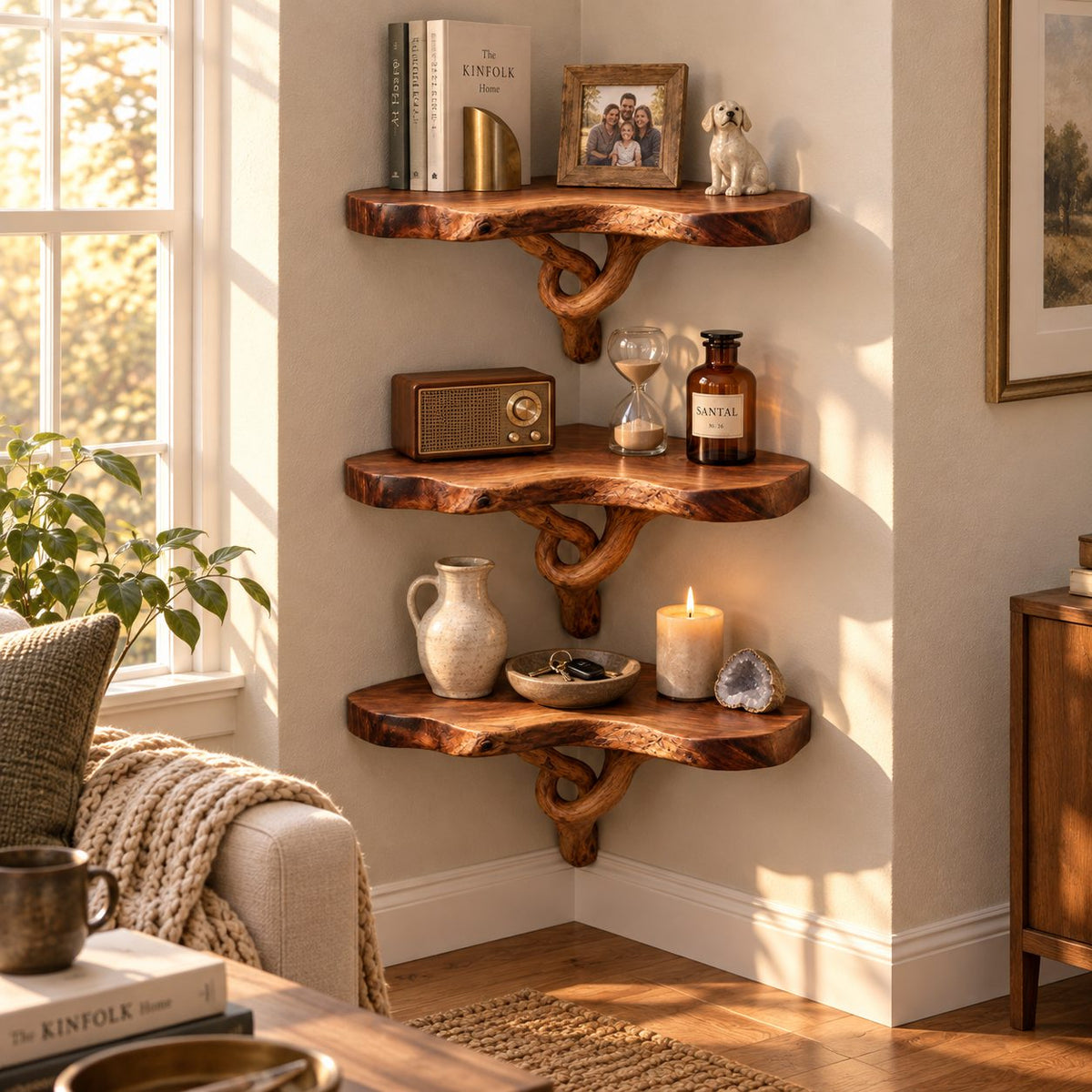 Driftwood Branch Corner Shelf, Solid Wood Live-Edge Floating Corner Bookshelf for Living Room & Bedroom