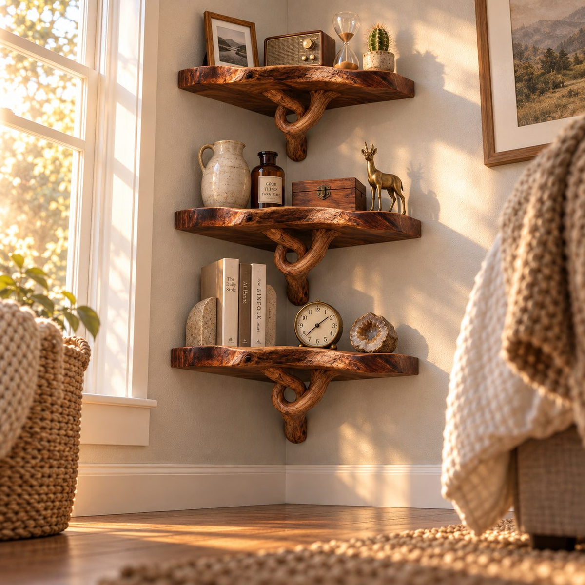 Driftwood Branch Corner Shelf, Solid Wood Live-Edge Floating Corner Bookshelf for Living Room & Bedroom