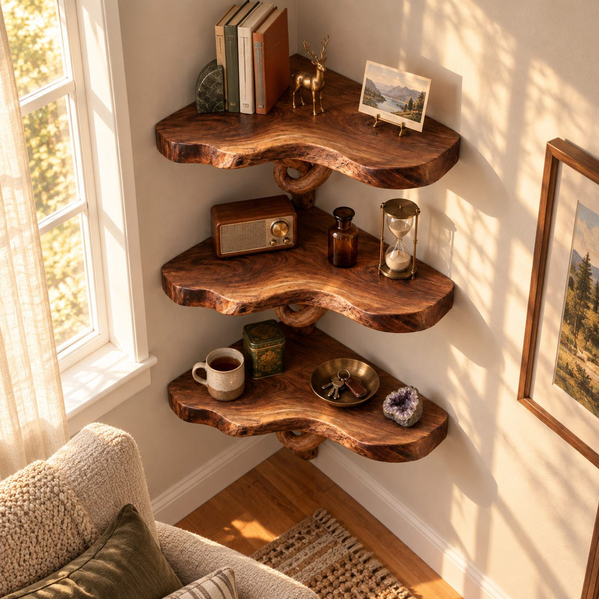 Driftwood Branch Corner Shelf, Solid Wood Live-Edge Floating Corner Bookshelf for Living Room & Bedroom