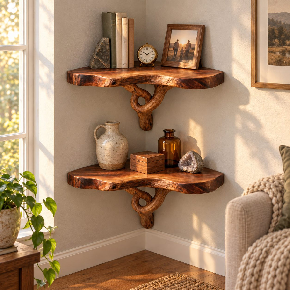 Driftwood Branch Corner Shelf, Solid Wood Live-Edge Floating Corner Bookshelf for Living Room & Bedroom